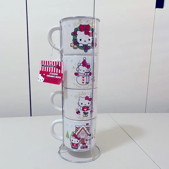 Hello Kitty (Sanrio) Christmas Stacked Ceramic Mugs with Rack - Set of 4… - Picture 2 of 3